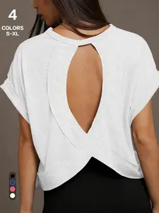 Women's Casual Plain Fitted T-Shirt, V-Neck Design, Slimming Effect, Perfect for Home and Outdoors, Summer Versatile Backless Top