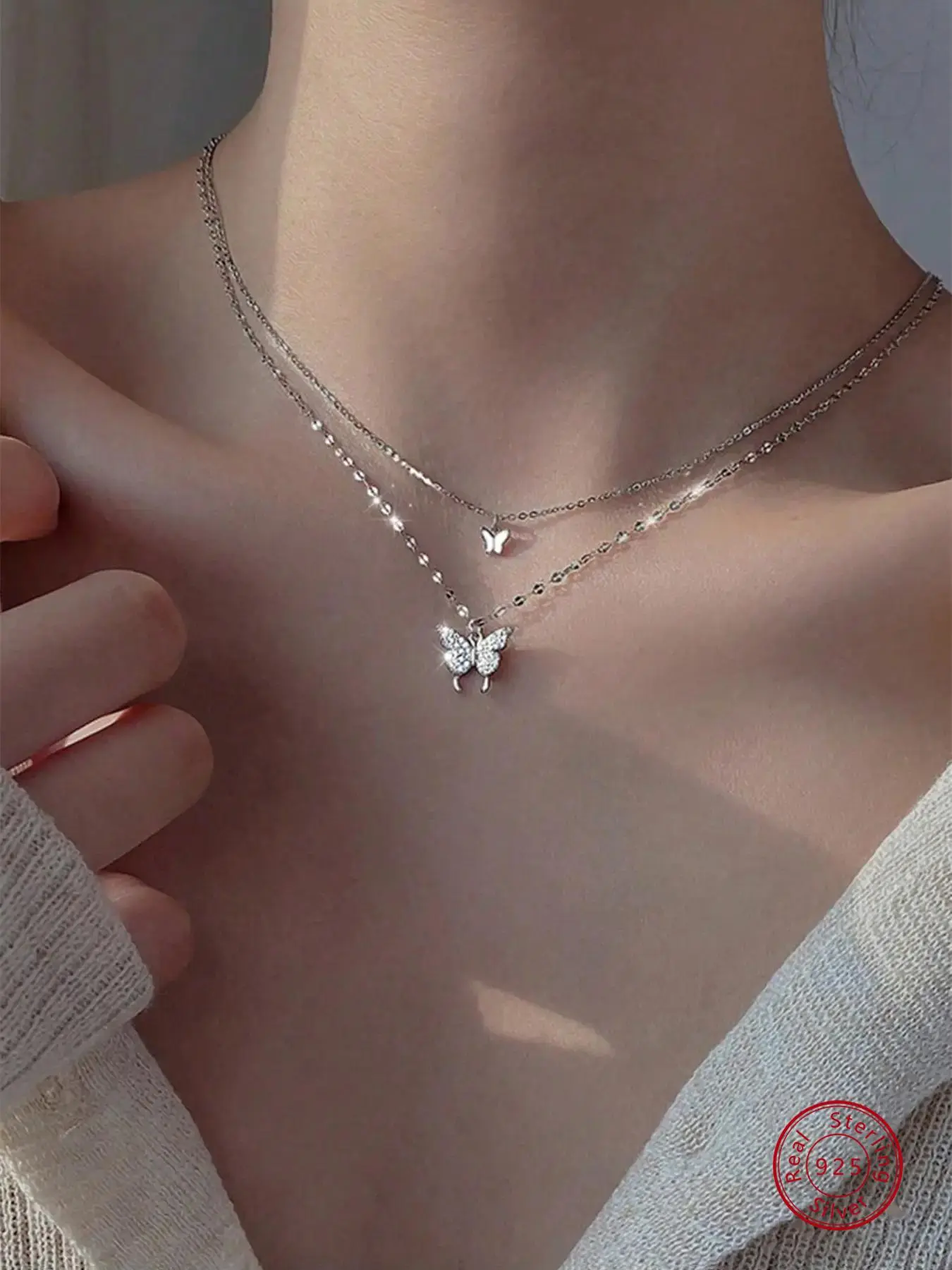 S925 Sterling Silver Double Layer Butterfly Decor Cubic Zirconia Exquisite Trendy Pendant Design Necklace for Women, Elegant All-match Jewelry for Girls Gift, Female Classic Fashion Accessories for Daily Wear, with Box