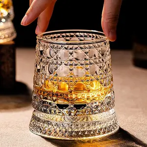 360° Rotating Whiskey Glass Tumbler, Spinning Crystal Wine Glass with Stress Relief Function, Stable Decoupled Base, Exquisite Embossed Patterns for Scotch,Bourbon,Cocktails