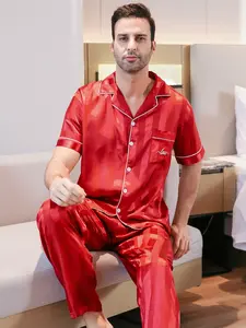 Men's Satin Sleepwear Set Short Sleeve Long Pants Striped Home Clothing, Comfortable Loungewear for Daily Wear, Stylish Men's Pajamas