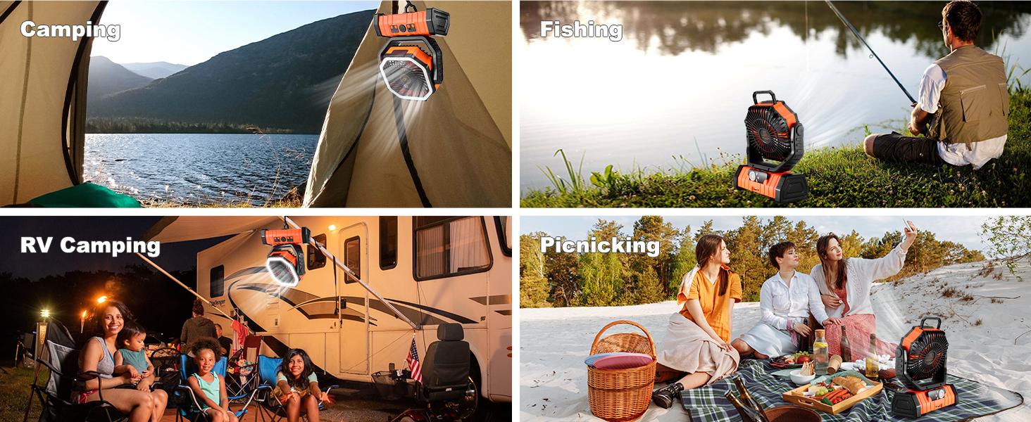 Odoland  Rechargeable Camping Fan with LED Light, Portable Multi-functional Fan with 270° swivel head,Portable Tent Fan with Timer, Oscillating Emergency Camping Fan Cordless Rotatable Battery Powered Lightweight