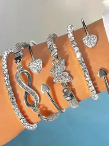 6pcs Luxury Fashion Minimalist Rhinestone Bangle Set, Butterfly Heart Infinity Symbol, Multi-Layer Stackable, Elegant Accessories for Women
