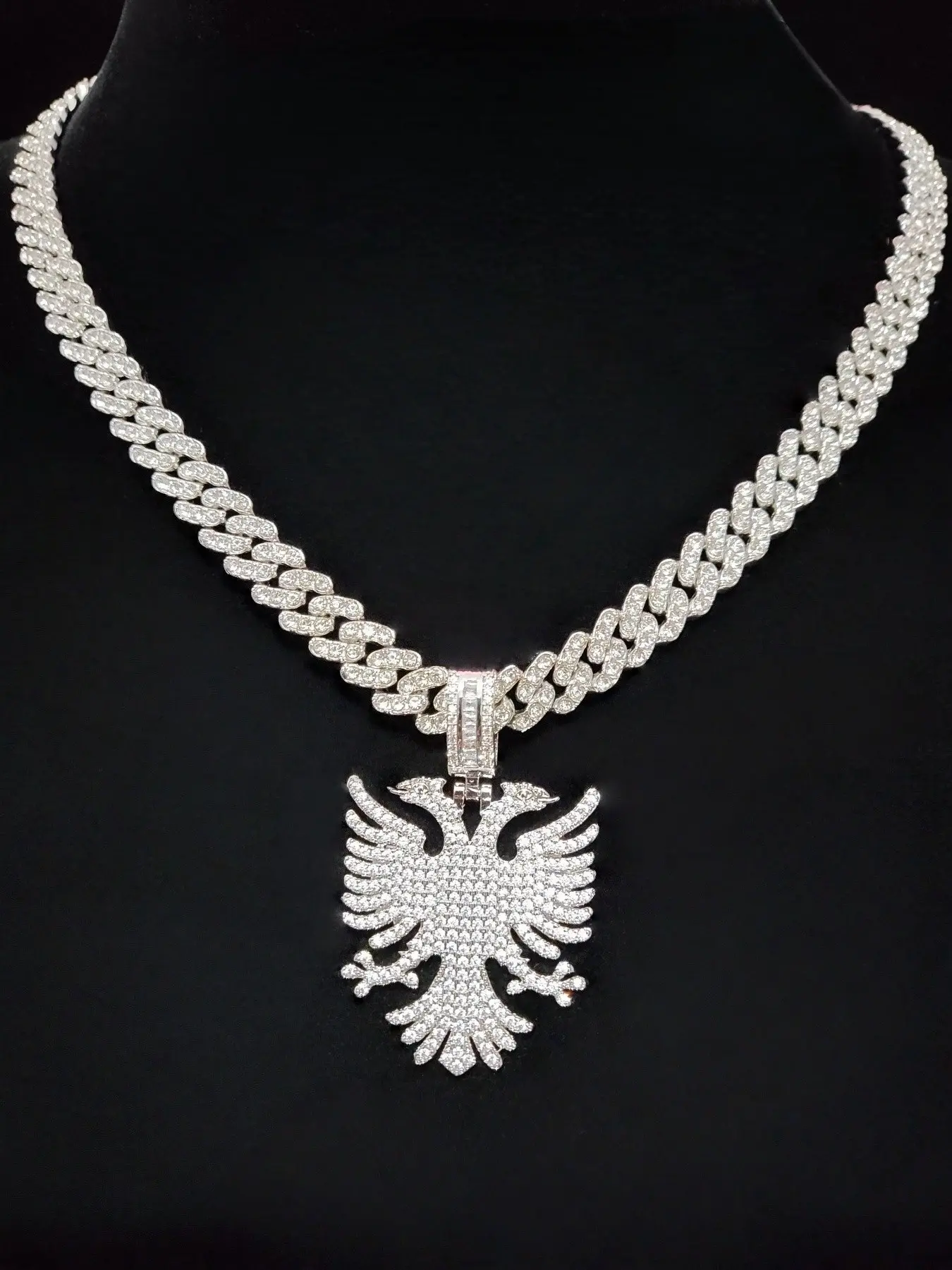 1Pieces Albanian Eagle Shaped Pendant and a 9mm Glass Rhinestone Cuban Chain Men Women Hip Hop Punk Pendant Necklace Iced Out Bling Bling Jewelry Cuban Link Necklace Rhinestone Decorated Necklace