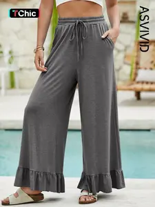 Women's Casual Drawstring Pockets Ruffled Wide Leg Pull On High Waist Pants, All Seasons Long Pants, Comfortable & Stylish