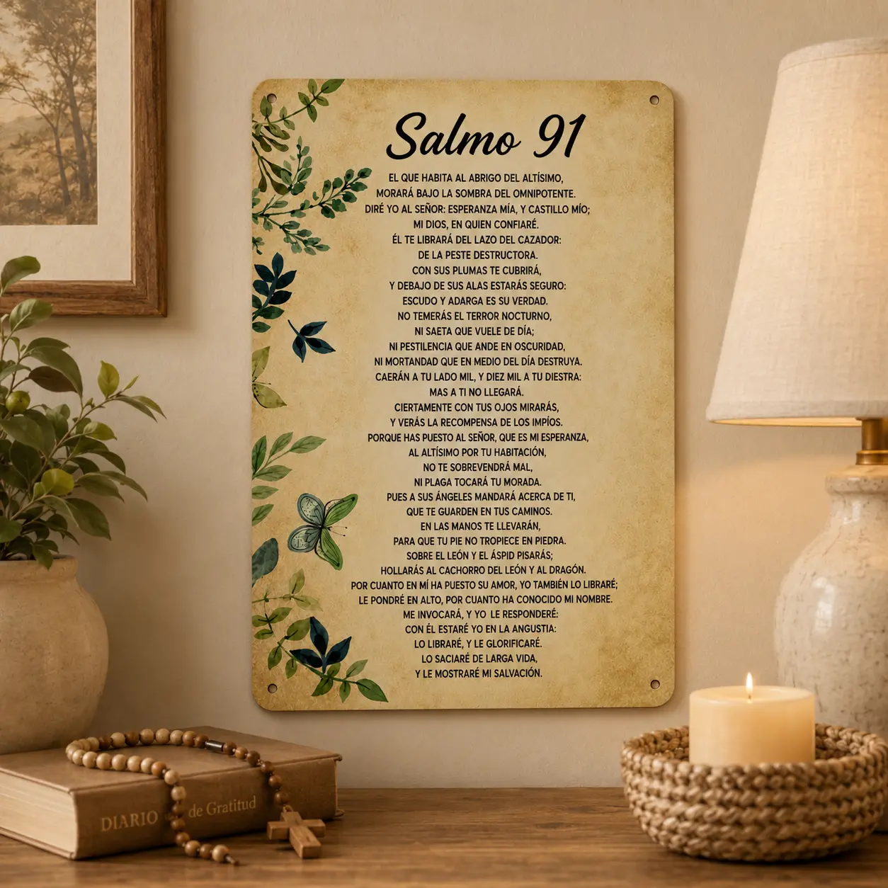 "Salmo 91" Spanish Bible Verse Wall Decor - 8x12 Inch Botanical Scripture Artwork, Inspirational Christian Protection Prayer Picture for Living Room & Entryway Religious Ornaments