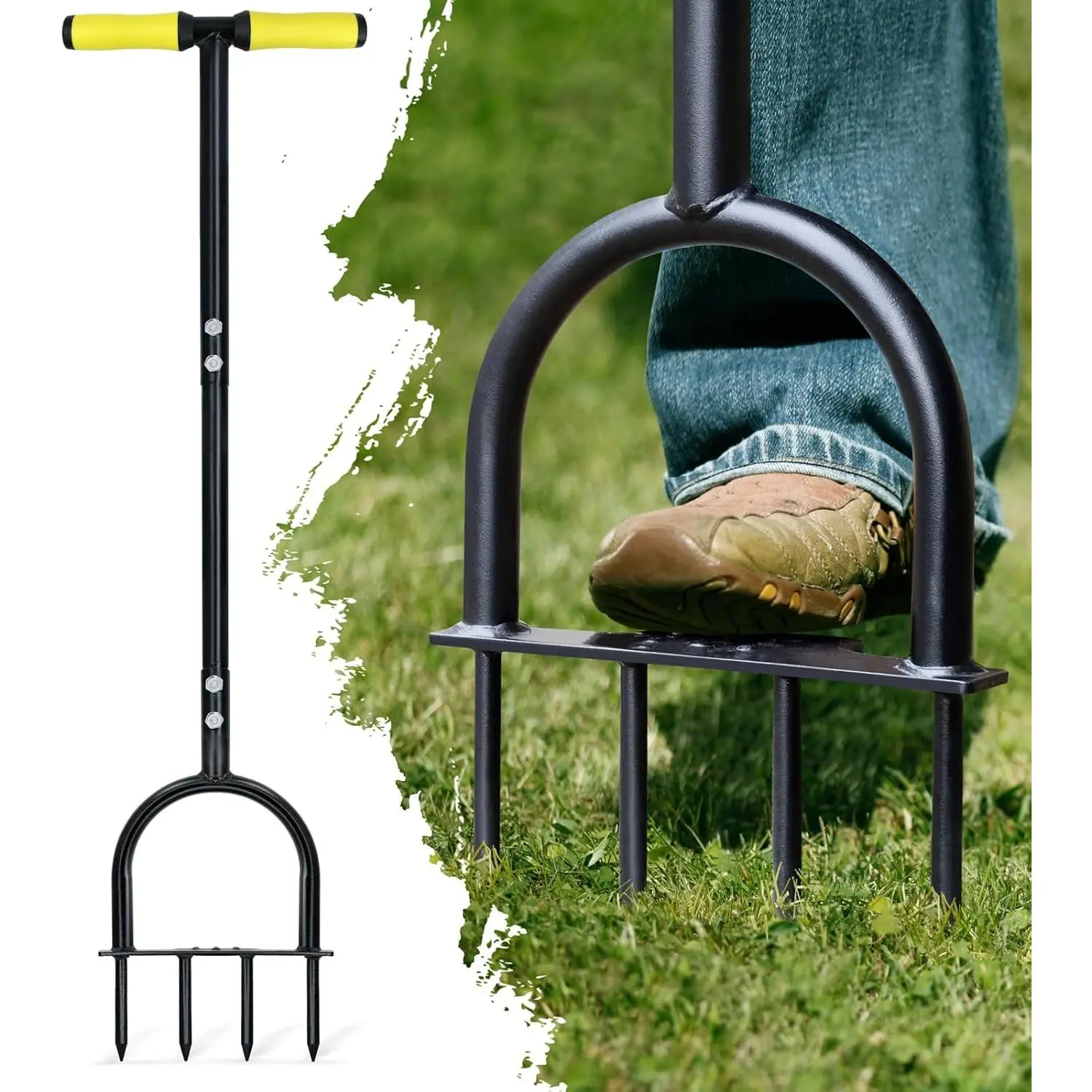 Lawn Aerator Tool 38inch, Heavy Duty Grass Spike Aerator for Compacted Soil Aeration, Manual Lawn Air Aerators Tool with,Wide Foot Plate, Rugged Steel Spikes 3.5’’ in Length, 2/5’’ in Dia.
