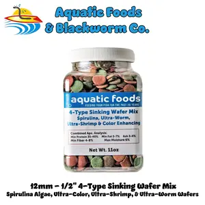 4-Type Wafer Mix, 12mm - 1/2" Sinking Wafer Mix of Algae-Spirulina, Color Enhancing, Ultra-Shrimp, Ultra-Worm for Shrimp, Snails, Crabs & All Community Tropical Fish. FREE 12-Type Pellet Mix Included