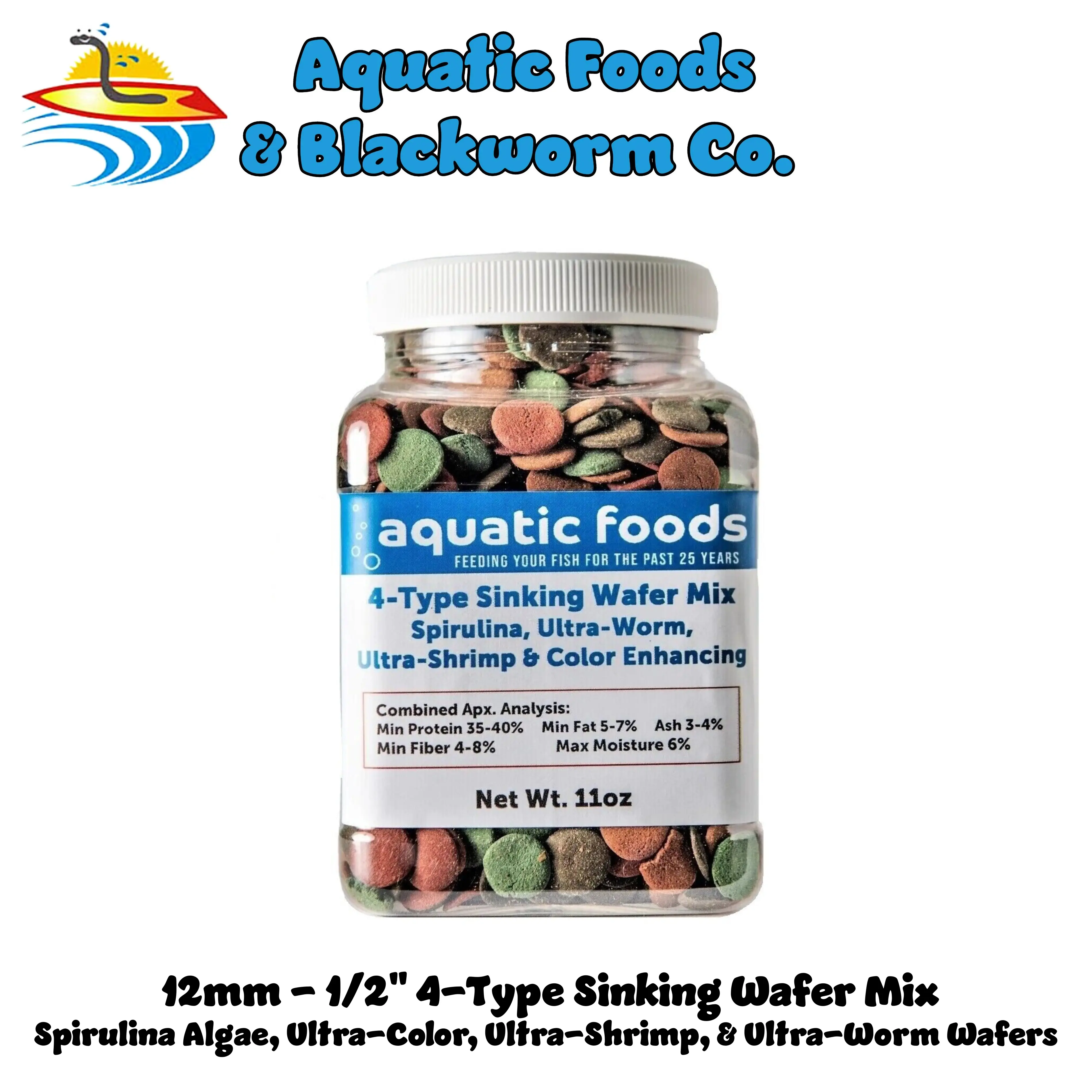 4-Type Wafer Mix, 12mm - 1/2" Sinking Wafer Mix of Algae-Spirulina, Color Enhancing, Ultra-Shrimp, Ultra-Worm for Shrimp, Snails, Crabs & All Community Tropical Fish. FREE 12-Type Pellet Mix Included