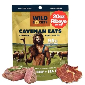 Wild Society - Caveman Eats - Grass Fed Ribeye Steak Slices - 95g Protein - Only Steak & Salt - 2 Ingredients - Air dried Beef Jerky Carnivore Snacks Crisps - Sugar Free, Gluten Free, Keto, Paleo (5oz)