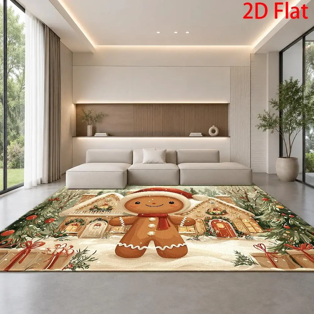 Large Gingerbread Man Christmas Floor Mat - Suitable for entryway, bedroom, living room - Extra-wide version with gingerbread cookie pattern, machine washable, cozy and comfortable winter room decoration, 2D flat design