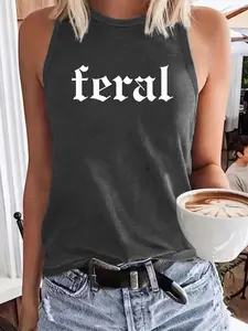 Women's Letter Print Round Neck Loose Tank Top, Casual Sleeveless Crew Neck Top for Summer, Ladies Clothes for Daily Wear, Socks