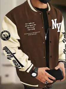 Men's Loose-Fit Casual Baseball Jacket Coat, Unique Trendy Letter Print Design, Comfortable Fall Winter Outwear for Daily Wear & Sports Activities, Casual Fashion Jacket