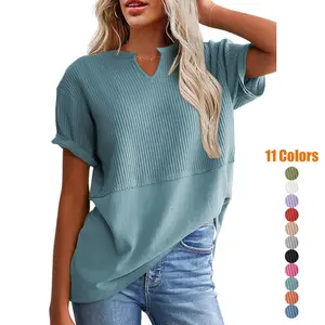 Women's Loose Fit Waffle Knit Splice V-Neck Top | Casual Trendy Short Sleeve Shirt.