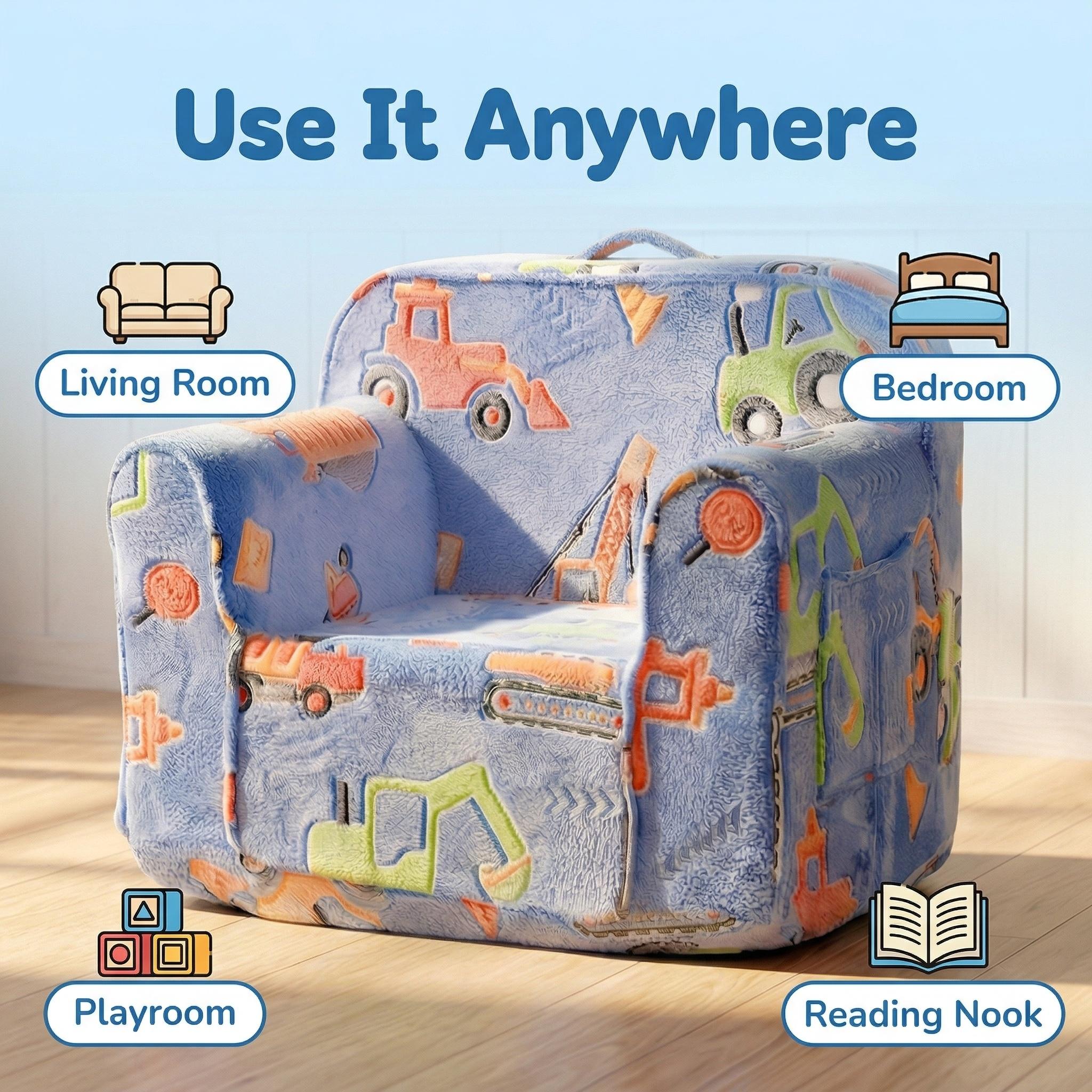 Kids Couch, Comfy 2-6 Years Old,, Toddler Couch Sofa, Kid Sofa  for Boys and Girls Gifts, Kids Recliner, Cartoon pattern of blue engineering vehicle