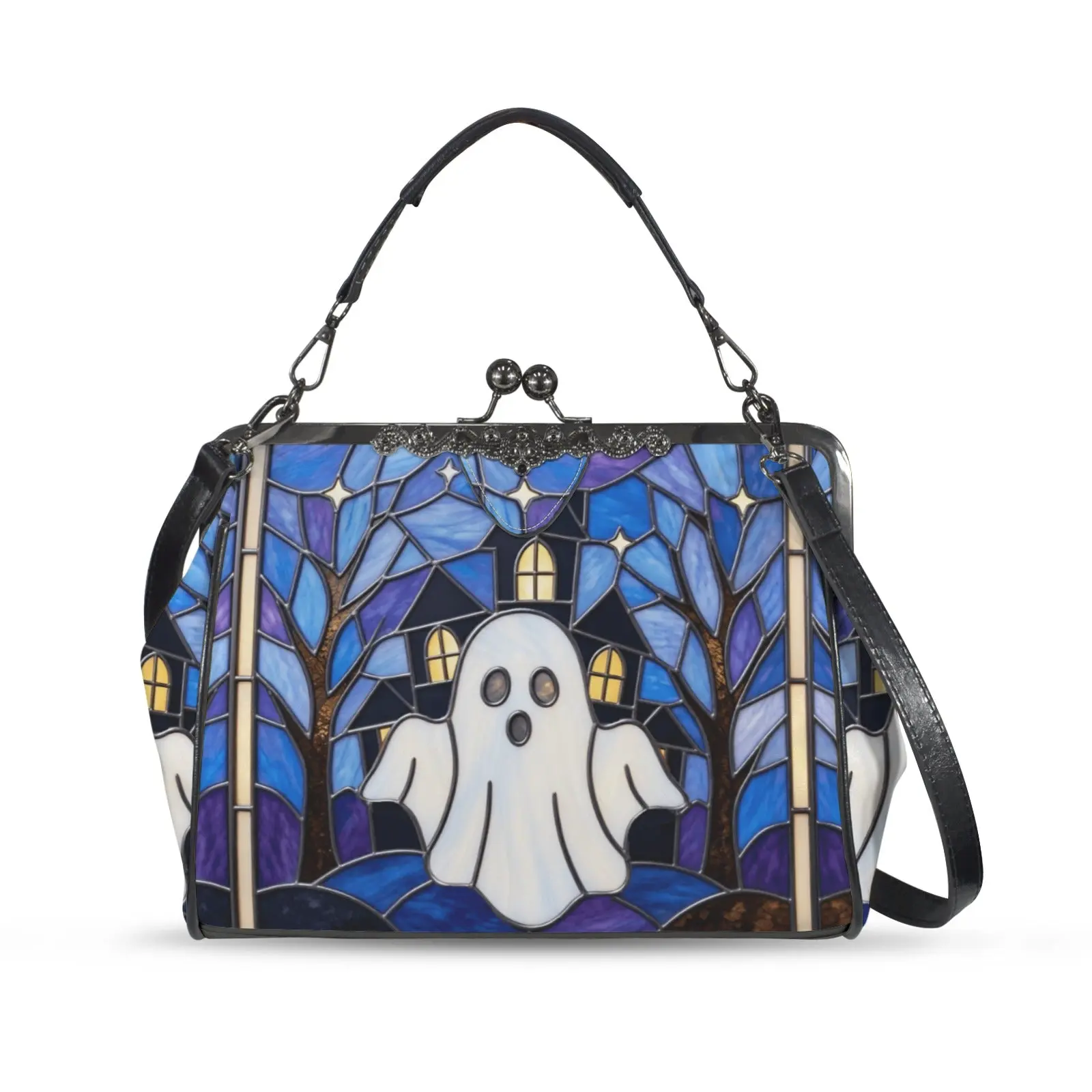 Halloween Stained Glass Style Ghost Haunted House Kisslock Crossbody Purse