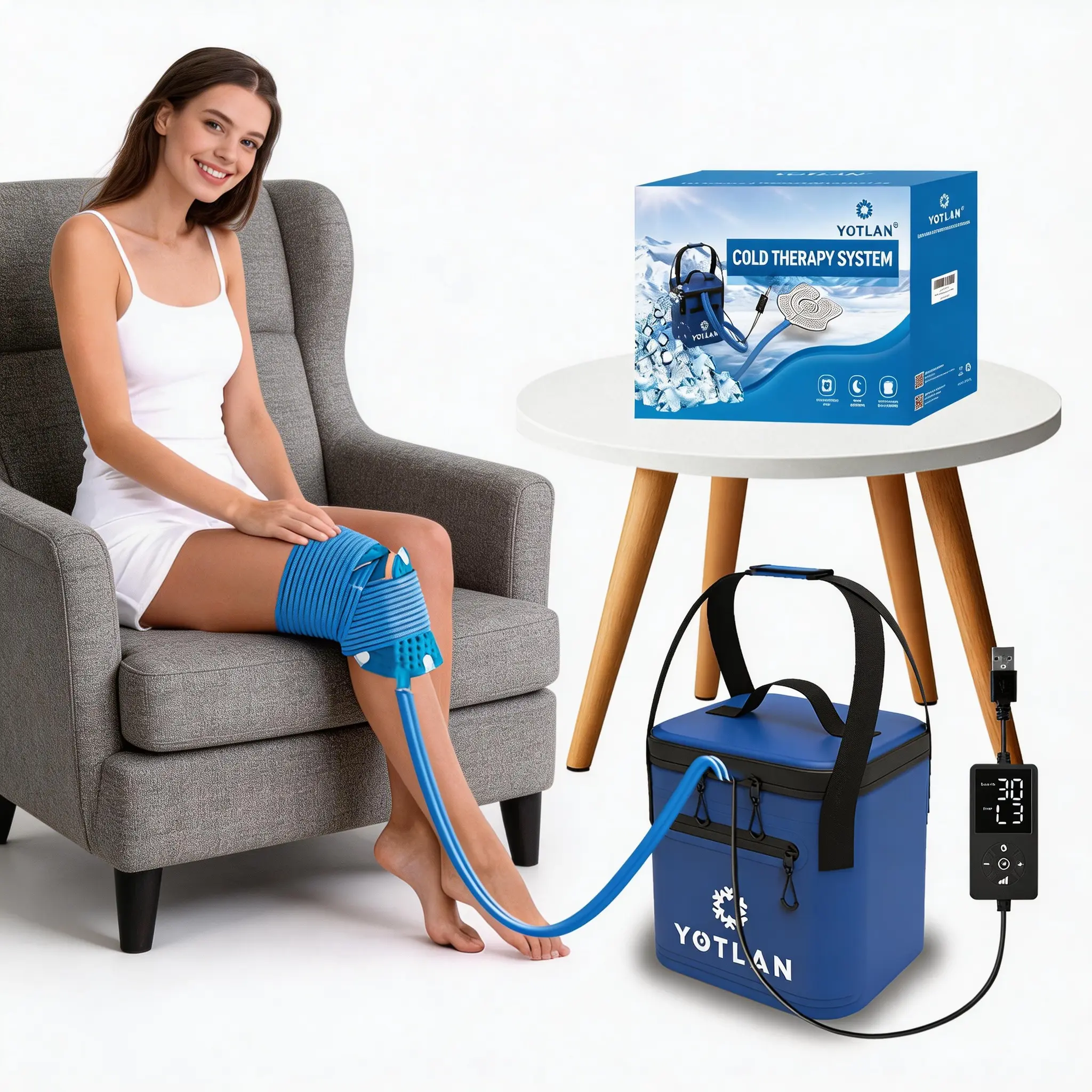 Therapeutic Portable USB-Powered Cold Therapy Machine with Programmable Timer, Compressible Ace Bandage-Style Strap, Foam Pad, Universal Size for Knee Replacement Pain Relief, Muscle Therapy (Fits Shoulder, Hip)