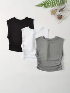 Women's Thin Solid Color Ruched Crop Tank Top Fit, Summer Clothes Women, Classy Elegant Casual Sleeveless Round Neck Design Top for Summer, Tank Tops for Women, Chic Womenswear, Summer Tops