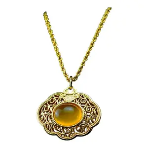 Vintage Gold Ruyi Lock Necklace Yellow Agate Chalcedony Pendant Traditional Chinese Style Filigree Medallion Jewelry for Women