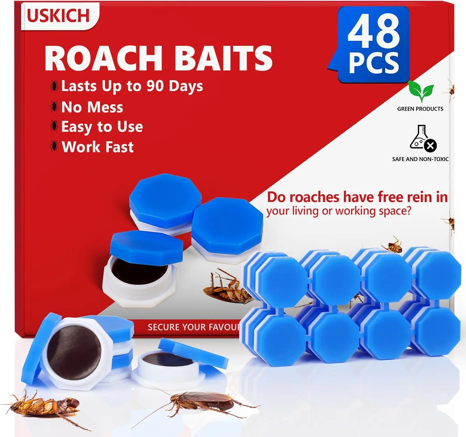 48-Pack Roach Gel Bait, Fast-Acting Natural Cockroach Killer for Home - Indoor Infestation Solution, Long-Lasting Repellent for Kitchen, Bathroom