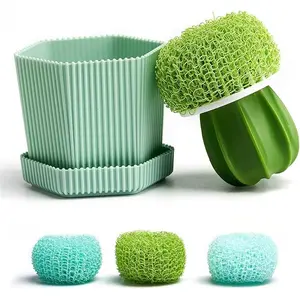 Cactus Mini Dish Brush Set with Drip Tray (3 Replacement Brushes), Durable Kitchen Cleaning Scrubbers for Plates, Pans, Pots, Sink (Green), Dish and Pot Cleaning Brush, Kitchen Brush