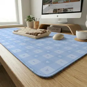 [SALE UP TO 50% + FREE SHIP] Blue gingham desk mat, XL XXL extended mousepad, extra large deskpad for keyboard and mouse, cute kawaii floral hearts checkered pattern