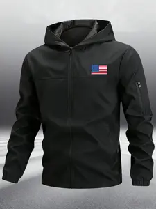 Unisex Flag Jacket, Lightweight Hooded Outdoor Coat, Multiple Pockets Zippered, Print Design, Ideal for Skiing, Hiking, Fishing