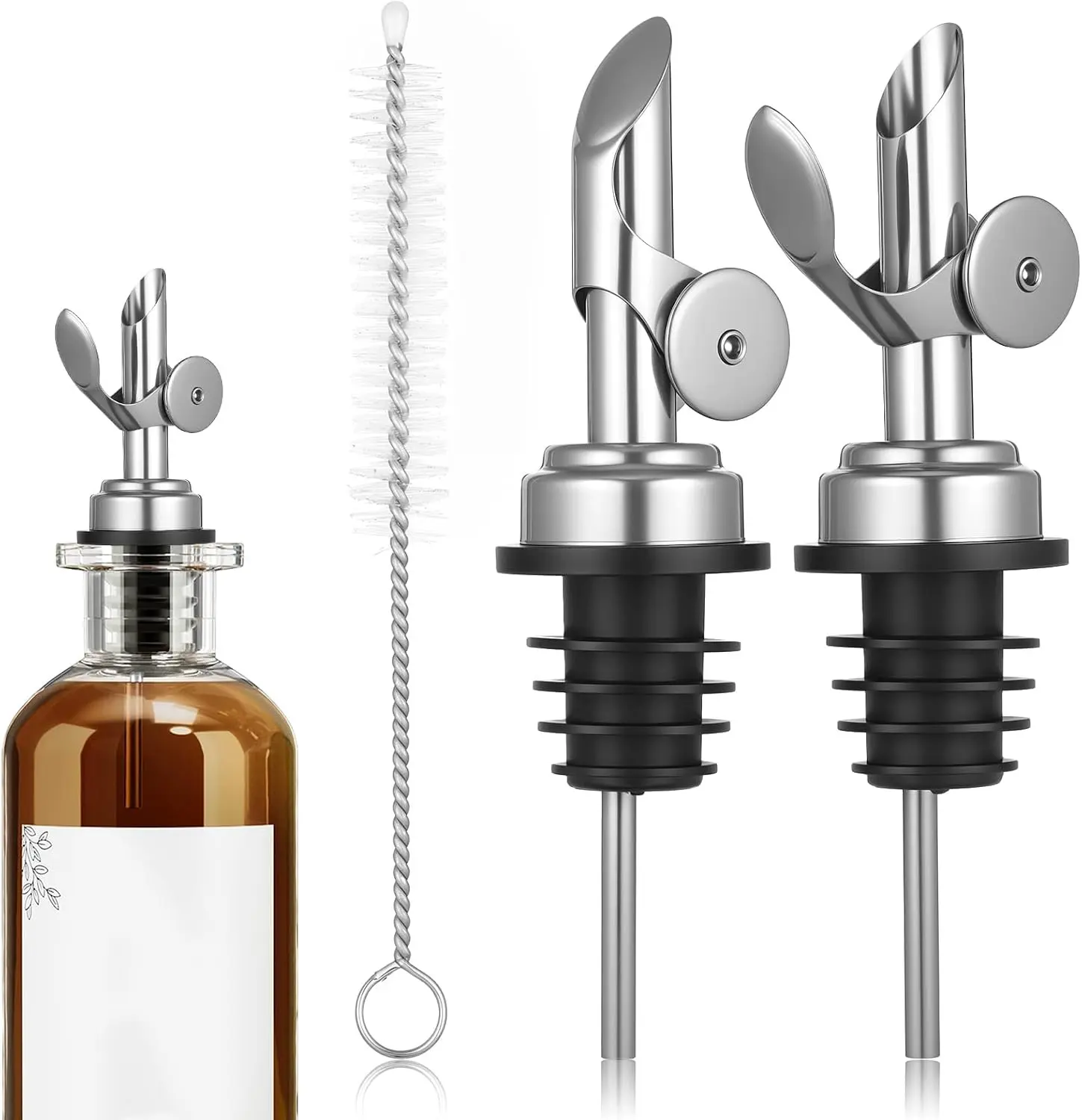2 PCS Oil Spout, Olive Oil Dispenser Spout, Liquor Pour Spouts Self Closing Weighted Pourer for Liquor Bottles, Vinegar, Syrup and Alcohol, Silver