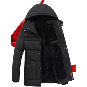 Men’s and women’s long winter jackets — windproof polyester jacket with a detachable hood, multiple pockets, and wool lining — classic black jacket suitable for seniors