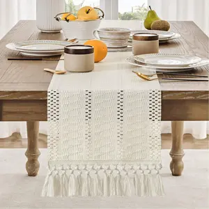 Solid Color Boho Style Table Runner, Handmade Tassel Decor Tablecloth, Table Decoration Supplies for Home Kitchen Dining Room