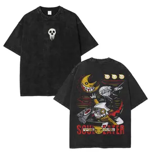 Soul Eater Cotton Unisex Round Neck Anime Washed Tee Unisex Oversize Heavyweight Cotton T-shirt for Anime Fans and Lovers Fabric Menswear