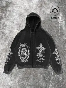 Men's Jesus Pattern Letter Print Zip Hoodie, Casual Regular Fit Long Sleeve Hooded Sweatshirt, Fall & Winter Fashion, Perfect Gift