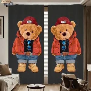 2pcs Creative Polo Bear Print Curtains, Blackout Blinds, Polyester Fiber, Kitchen Bedroom Office Living Room Decor, Home Decoration Curtain, Door Curtain (rodless)