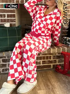 Women's Casual Checkered Print Half Zip Hoodie Long Pants Set, Long Sleeve, Spring & Fall Fashion