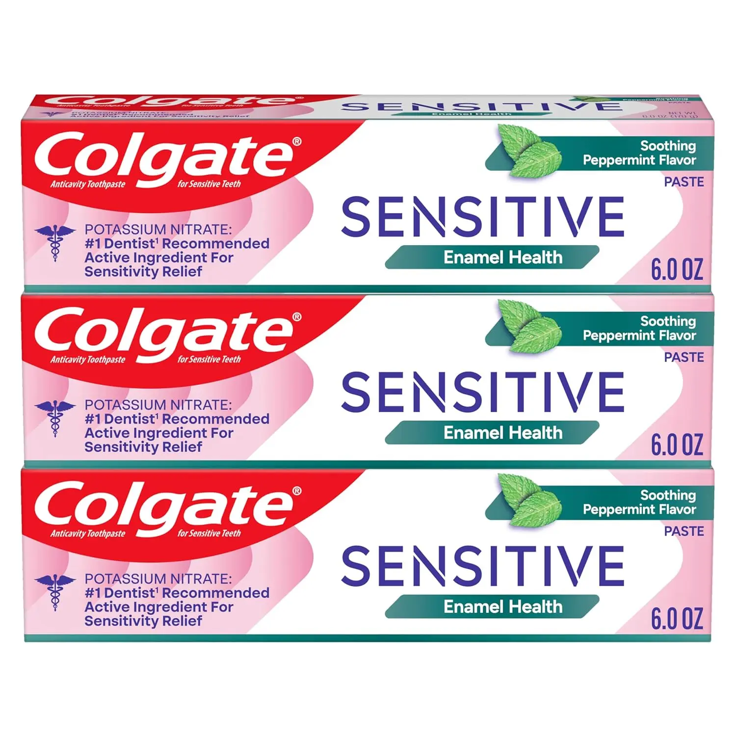 Colgate Sensitive Enamel Health Adult Toothpaste, 3-Pack (6 oz Each) - Daily Oral Care for Sensitive Teeth, Potassium Nitrate for 24/7 Relief, Enamel Repair, Anti-Stain Whitening, Prevents Cavities, Peppermint Fresh, Contains Neither Harmful Additives