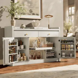 STO'SENSE 55" Buffet Cabinet with Storage, Kitchen Buffet Sideboard with Charging Station & LED Lights, Modern Wood Coffee Bar with Drawers & Door Rack, Large Accent Storage Cabinets with Adjustable Shelves