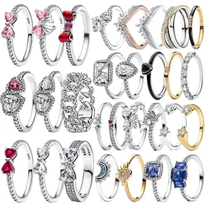 FASHION - Original 925 Sterling Silver Red Pink Ring Heart Bow Sun Moon Colorful Crystal For Women Valentine's Birthday Gift DIY Jewelry