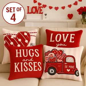 Set of 4 Valentines Day Pillow Covers 18x18 ,Ultra-Soft Velvet Luxury, Red Love Heart Decor Valentine's Day Throw Pillows Decorative Cushion Cases for Sofa Couch Home Wedding Party,Holiday Gift, Christmas Decor