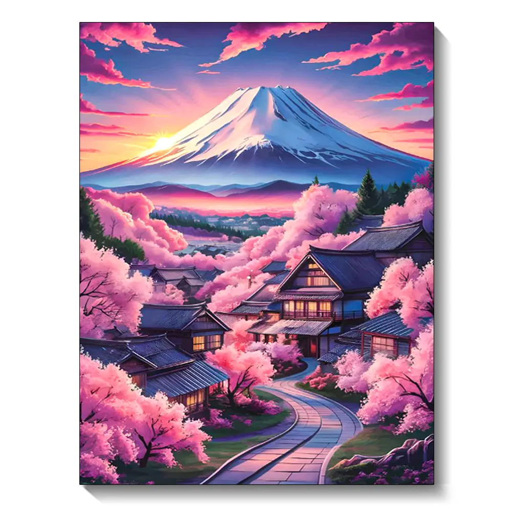Mountain Sakura Full Round Diamond Painting Kit, Pink Floral Landscape 3D DIY Craft Supplies, Cross Stitch Diamond Embroidery Mosaic, 30x40cm/11.81x15.75inch Home Decor, Diy Kit