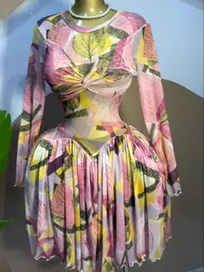 PULKRITU Women's Leaf Floral Print Long Sleeve Round Neckline Pleated Mini Dress, Floral Prints Dress, Fitted, Chic, Birthday Party Fashion Gown, Holiday Draped Bust Beach Dress, Streetwear Ladies Dresses