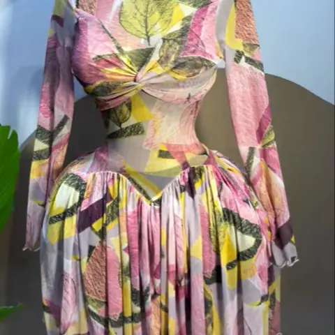 PULKRITU Women's Leaf Floral Print Long Sleeve Round Neckline Pleated Mini Dress, Floral Prints Dress, Fitted, Chic, Birthday Party Fashion Gown, Holiday Draped Bust Beach Dress, Streetwear Ladies Dresses