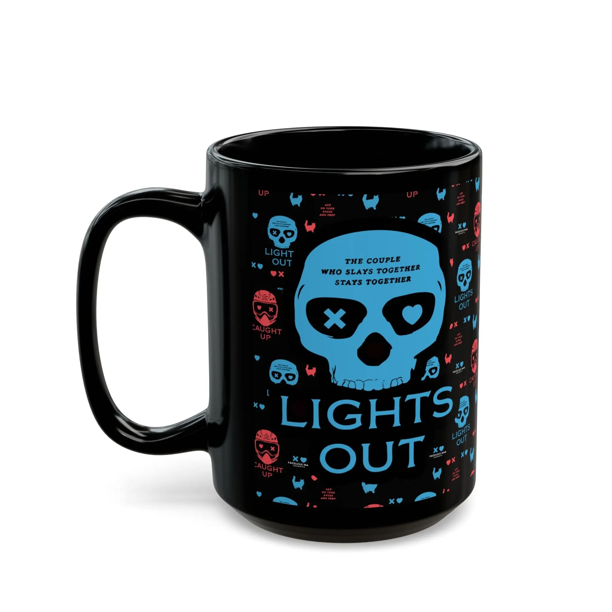 Navessa Allen Lights Out Dark Romance Black Mug with Glowing Skull Graphic Neon Warning Sign Reusable Washable Coffee Cup Tumbler Drinkware
