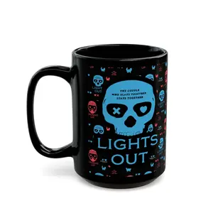 Navessa Allen Lights Out Dark Romance Black Mug with Glowing Skull Graphic Neon Warning Sign Reusable Washable Coffee Cup Tumbler Drinkware