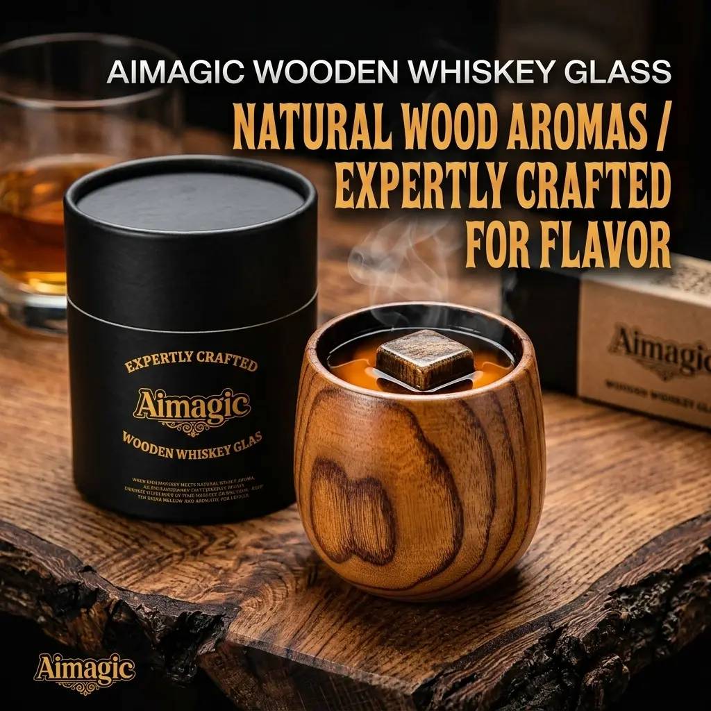 Wooden Whiskey Glass Gifts For Men - Charred Wood Bourbon Whiskey Aimagic-Glasses, Perfect Who Have Everything, Gift for Dad or Boyfriend on Father's Day, Birthday, Christmas Premium Artisan Glassware Drinkware