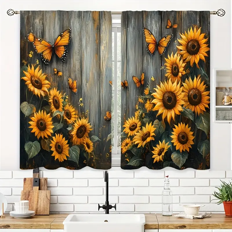 2pcs Rod Pocket Curtain Tiers - Butterfly Print Sunflower Theme, 39.9x27.5in Casual Decor Curtains with Hooks for Kitchen, Bathroom