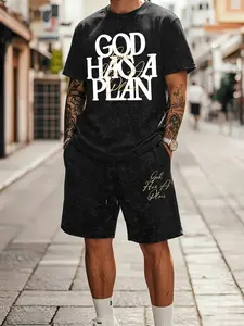 Men's "God Has A Plan" Washed Vintage T-Shirt & Shorts Set, Christian Faith Streetwear Co-Ord, Religious Summer Tracksuit, Fashion #ChristianSet #WashedVintageOutfit #FaithInspiredCoOrd #ReligiousStreetwear