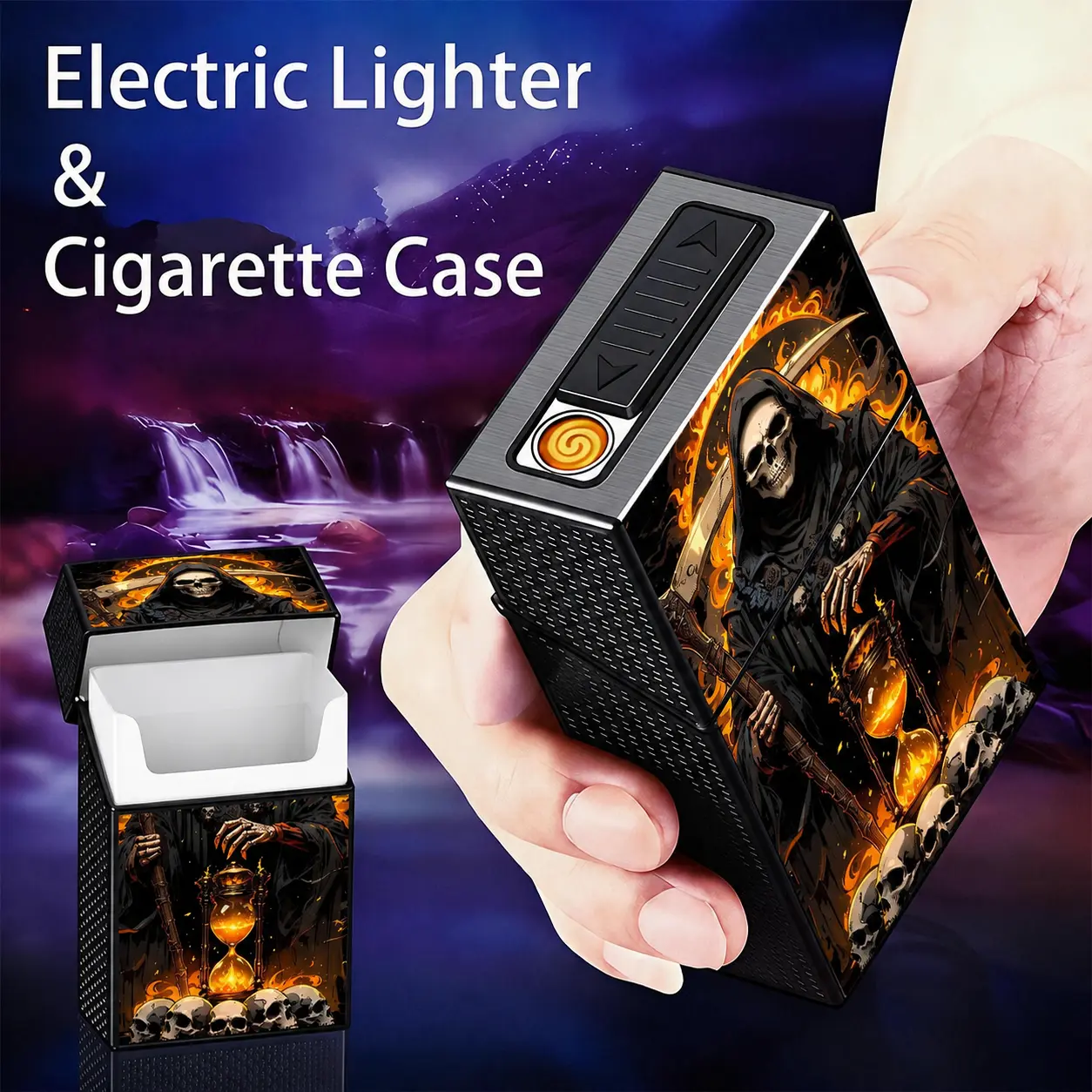 2-in-1 USB Rechargeable 20-Slot Storage Case with Built-In Electronic Ignition, Grim Reaper, Flaming Hourglass and Skeleton Artwork, Dark Gothic Design, Fits 84 mm and 90 mm Items Aluminum Alloy Windproof Lighter