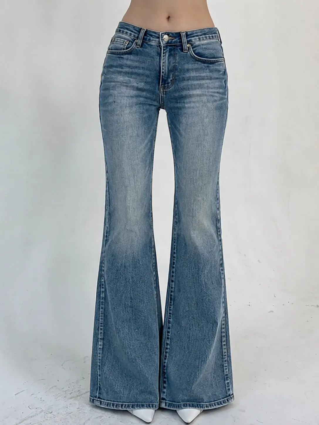 Women's Fashion Womenswear Mid-Waisted Stretchy Wide Leg Ankle Bootcut Vintage Denim Pants with Pockets, Pull-On Design