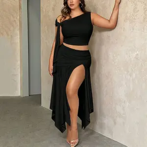 Halfword Chic Knot Twist Sleeveless Off Shoulder Crop Top & High Split Maxi Skirt Women's 2 Piece Set for Birthday Outfits Minimalist Basic Short Gamis Clothes Womenswear Ruched Statement Suits White Elegance