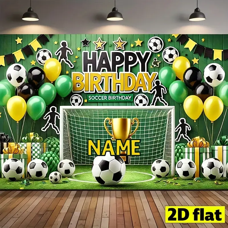 Custom 2D Flat Soccer Party Backdrop Banner - Synthetic Polyester Tapestry, Green & Black Football Elements, Gold Trophy, Balloon Decor, Happy Birthday Text, Hook-Compatible DIY Home Wall Decoration (No Electricity Needed)