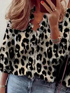 Women's Leopard Print Ruffle Hem Blouse, Casual Long Sleeve Top for Daily Wear, Ladies Clothes for All Seasons